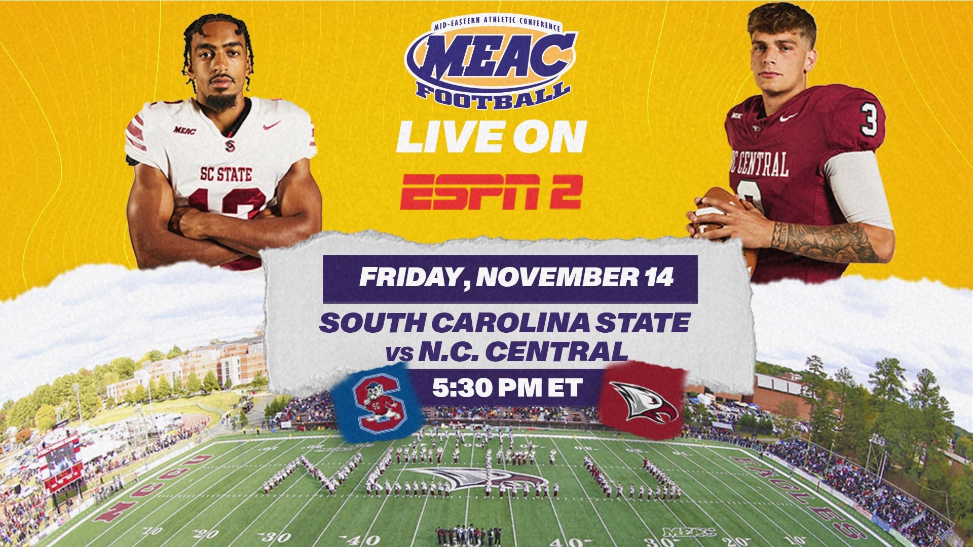 South Carolina State and North Carolina Central Set for Primetime MEAC Showdown on ESPN2